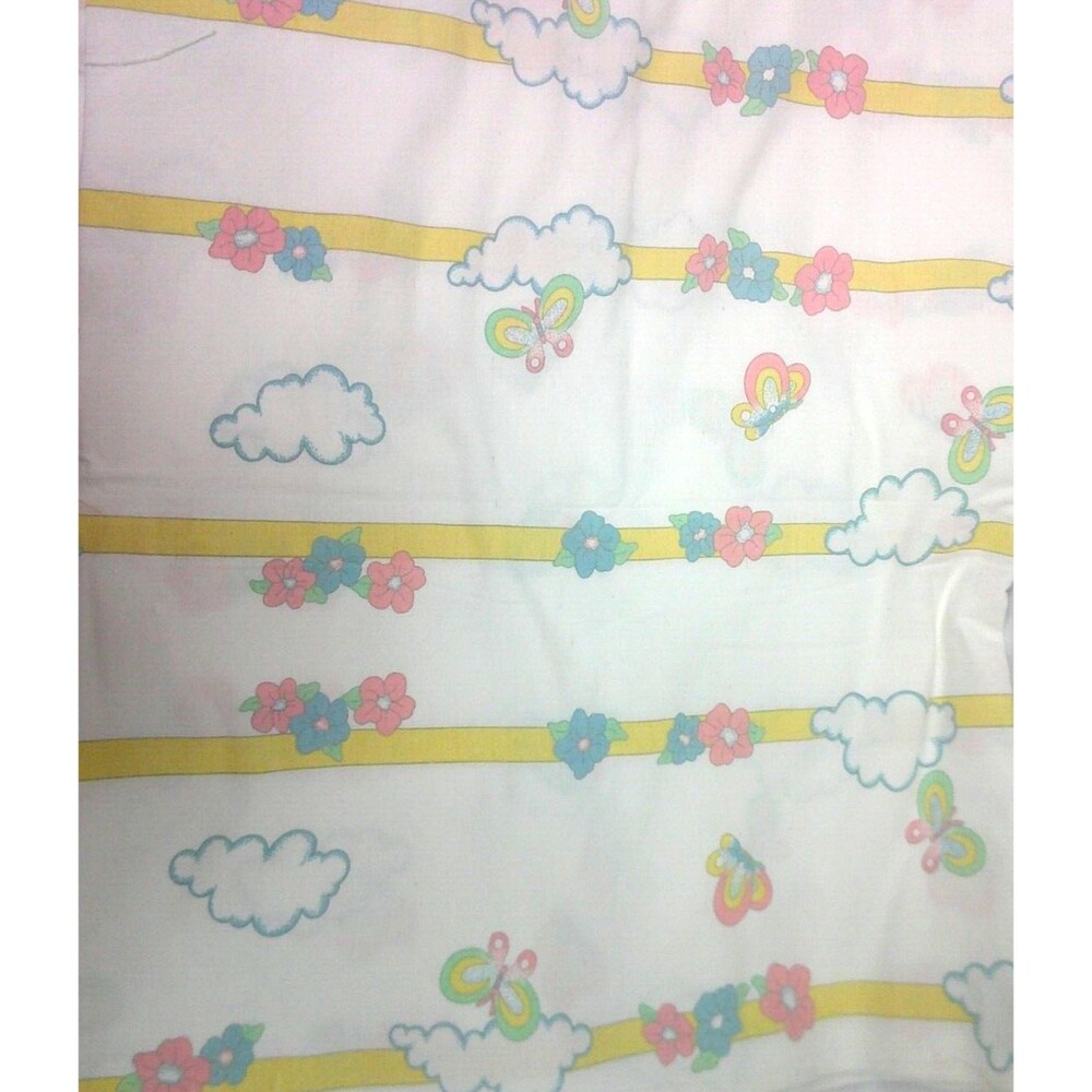 Vintage Fabric White with Clouds Flowers Butterflies Butterfly 144x44